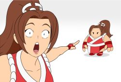 Rule 34 | 1girl, 1other, black eyes, brown hair, collarbone, commentary, cosplay, crossover, english commentary, fall guy, fall guys, hair behind ear, meme, open mouth, parted bangs, pelvic curtain, pointing, pointing at another, ponytail, red snk, shiranui mai, shiranui mai (cosplay), simple background, surprised, the king of fighters, two soyjaks pointing (meme), white background