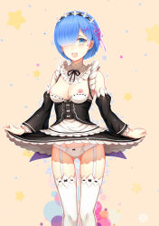 Rule 34 | 10s, 1girl, :d, absurdres, blue eyes, blue hair, bow, bow panties, breasts, breasts out, clothes lift, detached sleeves, garter straps, hair ornament, hair over one eye, highres, hua-j, looking at viewer, maid, matching hair/eyes, medium breasts, nipples, open mouth, panties, re:zero kara hajimeru isekai seikatsu, rem (re:zero), ribbon-trimmed clothes, ribbon-trimmed legwear, ribbon trim, short hair, simple background, skirt, skirt lift, smile, solo, thighhighs, underwear, white panties, white thighhighs, x hair ornament