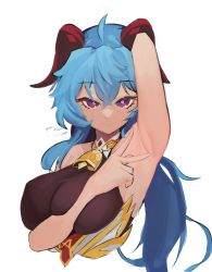 Rule 34 | 1girl, absurdres, ahoge, armpits, bare shoulders, bell, blue hair, breasts, ganyu (genshin impact), genshin impact, goat horns, highres, horns, large breasts, long hair, looking at viewer, neck bell, presenting armpit, purple eyes, smile, solo, spread armpit, upper body, white background, yzr (yzr99)