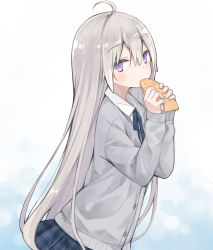 Rule 34 | 1girl, ahoge, blue ribbon, blue skirt, cardigan, collared shirt, commentary request, eating, food, grey cardigan, hair between eyes, hands up, highres, holding, holding food, long hair, long sleeves, looking at viewer, neck ribbon, original, plaid, plaid skirt, pleated skirt, poco (asahi age), purple eyes, ribbon, shirt, silver hair, skirt, sleeves past wrists, solo, taiyaki, very long hair, wagashi, white shirt