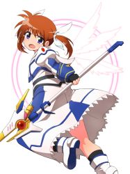 Rule 34 | 10s, 1girl, angry, armor, brown hair, fingerless gloves, from behind, from below, gloves, hair ribbon, lyrical nanoha, magic circle, magical girl, mahou shoujo lyrical nanoha, mahou shoujo lyrical nanoha the movie 1st, marukakisuto, open mouth, polearm, purple eyes, raising heart, raising heart (cannon mode), red hair, ribbon, solo, spear, staff, takamachi nanoha, takamachi nanoha (movie 1st mode), twintails, weapon, white background, white ribbon, wings