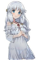 Rule 34 | 1girl, apo 518, bare shoulders, beatrice (rune factory), bikini, blue eyes, blue pupils, blush, braid, breasts, closed mouth, collarbone, cowboy shot, dress, eyelashes, french braid, grey dress, grey hair, highres, interlocked fingers, legs together, long hair, looking at viewer, medium breasts, own hands together, red ribbon, ribbon, rune factory, rune factory 5, see-through, see-through dress, simple background, smile, solo, swimsuit, white background, white bikini