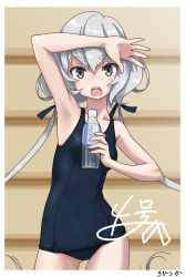 Rule 34 | 10s, 1girl, arm up, armpits, bare arms, bare shoulders, blue one-piece swimsuit, bottle, collarbone, commentary request, cowboy shot, gluteal fold, hair between eyes, holding, holding bottle, konno junko, long hair, low twintails, old school swimsuit, one-piece swimsuit, rohitsuka, school swimsuit, short eyebrows, signature, silver hair, solo, standing, sweat, swimsuit, thick eyebrows, twintails, very long hair, water bottle, zombie land saga