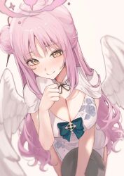 Rule 34 | 1girl, 1yu x, angel wings, blue archive, blush, breasts, china dress, chinese clothes, cleavage, closed mouth, cowboy shot, dress, feathered wings, from above, hair bun, halo, highres, large breasts, long hair, looking at viewer, mika (blue archive), pink hair, pink halo, short sleeves, simple background, single side bun, solo, white background, white dress, white wings, wings, yellow eyes