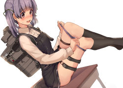 Rule 34 | 10s, 1girl, akasaai, black socks, blush, desk, dress, from side, hair ribbon, highres, kantai collection, kneehighs, on desk, ooshio (kancolle), ooshio kai ni (kancolle), open mouth, panties, panty pull, pinafore dress, purple hair, purple panties, ribbon, school desk, school uniform, short hair, short twintails, simple background, sitting, on desk, skirt, sleeveless, sleeveless dress, smile, socks, solo, twintails, underwear, undressing, white background