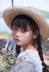 Rule 34 | 1girl, blurry, blurry background, braid, brown eyes, brown hair, brown hat, closed mouth, earrings, flower, flower earrings, frills, hat, jewelry, long hair, lw goombang, mole, mole under eye, original, outdoors, painterly, pink lips, single earring, solo, straw hat, twintails, upper body, white flower
