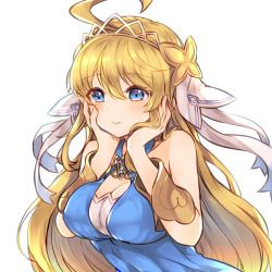 Rule 34 | 1girl, ahoge, bare shoulders, blonde hair, blue eyes, blush, breasts, cleavage, cygames, dragalia lost, hair ornament, hair ribbon, hands on own face, highres, jewelry, large breasts, long hair, nintendo, parted lips, po pooch, ribbon, solo, tiara, upper body, white background, zethia