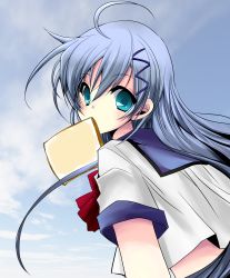 Rule 34 | 1girl, ahoge, bad id, bad pixiv id, blue hair, bread slice, colorized, day, food, food in mouth, hareyoru nano, highres, long hair, looking at viewer, looking back, mouth hold, school uniform, serafuku, sky, solo, toast, toast in mouth