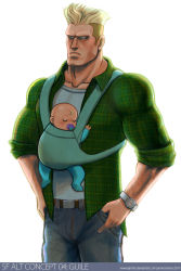 Rule 34 | 2boys, age difference, baby, blonde hair, blue eyes, broad shoulders, capcom, closed eyes, denim, father and daughter, father and son, good end, guile, hands on own hips, highres, jaimito, jeans, male focus, manly, multiple boys, muscular, pants, serious, street fighter, watch