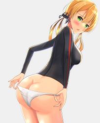 Rule 34 | 1girl, anchor hair ornament, ass, black shirt, blonde hair, blush, breasts, butt crack, embarrassed, from behind, green eyes, hair ornament, highres, kantai collection, long hair, looking at viewer, low twintails, medium breasts, panties, prinz eugen (kancolle), shirt, simple background, solo, toyomi 13, twintails, underwear, white background, white panties
