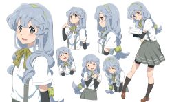 Rule 34 | 1girl, ao iro, arm warmers, bike shorts, black socks, bow, bowtie, braid, brown footwear, cowboy shot, expressions, green hairband, grey eyes, hairband, highres, kantai collection, kneehighs, loafers, long hair, looking at viewer, multiple views, pleated skirt, shirt, shoes, sidelocks, silver hair, simple background, single braid, skirt, smile, socks, suspender skirt, suspenders, upper body, wavy hair, white background, white shirt, yamagumo (kancolle)