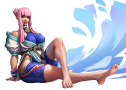 Rule 34 | 1girl, azuma yasuo, blue eyes, breasts, highres, hip vent, jacket, large breasts, lips, manon legrand, pink hair, short sleeves, shorts, sitting, street fighter, street fighter 6, white background