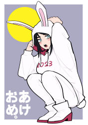 1girl 2023 absurdres animal_ears arm_up black_hair blue_eyes blush_stickers boots breasts chinese_zodiac clothes_writing commentary_request drawstring fake_animal_ears full_body grey_background hand_up high_heel_boots high_heels highres hood hood_up hoodie kanke_(kank06020602) knees_up long_sleeves looking_at_viewer medium_breasts open_mouth original pants parted_bangs puffy_long_sleeves puffy_sleeves rabbit_ears rabbit_tail solo squatting sweat tail teeth thick_eyebrows translation_request two-tone_background upper_teeth_only white_background white_footwear white_hoodie white_pants year_of_the_rabbit