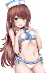 Rule 34 | 1girl, bare arms, bare shoulders, bikini, blue neckwear, blue sailor collar, blush, breasts, brown hair, commentary request, cowboy shot, groin, hands on own chest, hands up, hat, highres, idolmaster, idolmaster shiny colors, long hair, looking at viewer, medium breasts, navel, open mouth, osaki tenka, ryouta (ryouta335), sailor collar, sailor hat, sailor swimsuit (idolmaster), side-tie bikini bottom, sidelocks, simple background, solo, swept bangs, swimsuit, very long hair, wavy mouth, white background, white bikini, yellow eyes
