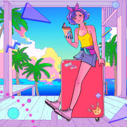 Rule 34 | 1980s (style), 1girl, absurdres, collarbone, colorful, fanny pack, hairband, highres, holding, holding map, lipstick, makeup, map, morry369, oldschool, original, outdoors, palm tree, purple eyes, purple hair, purple hairband, purple shorts, retro artstyle, rolling suitcase, shirt, shoes, short hair, shorts, sitting, sneakers, solo, sticker, suitcase, sunset, tree, triangle, white footwear, yellow shirt