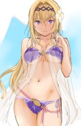 Rule 34 | 1girl, arm behind back, bare shoulders, bikini, blonde hair, blue background, breasts, commentary request, cowboy shot, flower, granblue fantasy, hair between eyes, hair flower, hair intakes, hair ornament, hand up, headband, highres, jeanne d&#039;arc (granblue fantasy), large breasts, legs together, long hair, looking at viewer, navel, panties, parted lips, purple bikini, purple eyes, see-through, sketch, smile, solo, swimsuit, tetsu (kimuchi), underwear