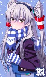 Rule 34 | 1girl, alternate costume, amatsukaze (kancolle), bag, blush, brown eyes, coat, commentary request, gloves, grey hair, hair between eyes, hair tubes, hairband, highres, kantai collection, long hair, long sleeves, looking at viewer, parted lips, purple coat, scarf, simple background, snowing, solo, striped clothes, striped gloves, striped scarf, two side up, vertical-striped clothes, winter clothes, yamayoshi