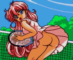 Rule 34 | 1girl, accidental exposure, ass, blue eyes, breasts, cloud, cowboy shot, day, dress, from behind, holding, leaning forward, legs together, long hair, looking at viewer, looking back, medium breasts, megami paradise, no panties, open mouth, outdoors, pink dress, pink hair, pixel art, racket, rurubell, saiwai hiroshi, short dress, sky, sleeveless, sleeveless dress, smile, solo, sportswear, standing, tennis, tennis net, tennis racket, tennis uniform, tree, wind, wind lift