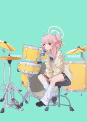 Rule 34 | 1girl, ahoge, aqua background, black footwear, black skirt, blue archive, blush, chair, drinking, drinking straw, drinking straw in mouth, drum, drumsticks, full body, halo, highres, holding, holding drumsticks, instrument, jacket, long hair, long sleeves, looking at viewer, natsu (band) (blue archive), natsu (blue archive), official alternate costume, open clothes, open jacket, pink hair, pink halo, pleated skirt, ranyu, red eyes, shirt, shoes, simple background, sitting, skirt, socks, solo, white shirt, white socks, yellow jacket