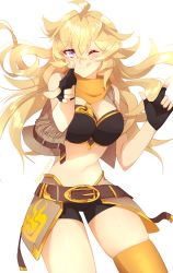 Rule 34 | 1girl, azure-zer0, bandana, belt buckle, blonde hair, breasts, buckle, cleavage, cowboy, cowboy western, fingerless gloves, gloves, hat, highres, large breasts, one eye closed, pointing, pointing at viewer, purple eyes, rwby, shorts, sleeveless, sleeveless jacket, solo, western, yang xiao long