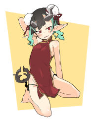 Rule 34 | 1girl, nanashi inc., arm up, black hair, black panties, blue hair, blush, breasts, bun cover, china dress, chinese clothes, commentary request, demon girl, demon horns, demon tail, dress, fang, full body, highres, horns, looking at viewer, medium hair, multicolored hair, open mouth, panties, pointy ears, red dress, red eyes, seiza, shishio chris, short dress, simple background, sitting, skin fang, sleeveless, sleeveless dress, small breasts, solo, sugar lyric, tail, tomatojam, two-tone hair, underwear, virtual youtuber, white background, yellow background
