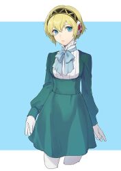 Rule 34 | 1girl, aegis (persona), aigis (persona), alternate costume, android, aqua dress, atlus, black hairband, blonde hair, blue eyes, blue ribbon, closed mouth, commentary request, dress, gold trim, hair between eyes, hairband, humanoid robot, isa (peien516), lips, long sleeves, looking at viewer, neck ribbon, persona, persona 3, persona 3 portable, pink lips, ribbon, robot, robot ears, robot girl, short hair, solo