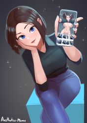 Rule 34 | 1girl, aestheticc-meme, artist name, black shirt, blue eyes, blue nails, blue pants, bottomless, breasts, breasts apart, brown hair, cellphone, commentary, english commentary, female focus, floating hair, head tilt, highres, holding, holding phone, large breasts, light smile, lips, looking at viewer, mole, mole under eye, nail polish, nipples, pants, phone, photo comparison, samsung, samsung sam, selfie, shirt, short hair, sitting, smartphone, solo