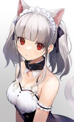 Rule 34 | 1girl, :o, animal ear fluff, animal ears, bare shoulders, black dress, breasts, cat ears, cat girl, cat tail, cleavage, collarbone, dress, gradient background, grey background, grey hair, highres, long hair, maid headdress, original, parted lips, red eyes, redrawn, shirt, sidelocks, slit pupils, small breasts, solo, strapless, strapless dress, tail, tail raised, twintails, urata asao, white background, white shirt