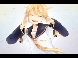 Rule 34 | 1boy, :d, ^ ^, blonde hair, closed eyes, detached sleeves, hands on headphones, headphones, kagamine len, letterboxed, male focus, necktie, open mouth, smile, solo, tama (songe), vocaloid, yellow necktie