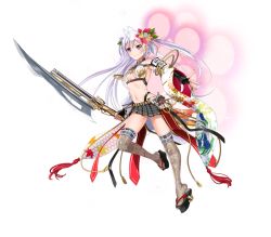 Rule 34 | &gt;:), 1girl, antenna hair, breasts, checkered clothes, checkered skirt, cleavage, flower, full body, hair flower, hair ornament, holding, holding polearm, holding spear, holding weapon, long hair, maeda kanazawa (oshiro project), medium breasts, midriff, murakami yuichi, navel, official art, open mouth, oshiro project:re, oshiro project:re, pleated skirt, polearm, purple hair, sideboob, skirt, smile, solo, spear, thighhighs, transparent background, two side up, v-shaped eyebrows, very long hair, weapon, white hair