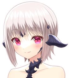 Rule 34 | 1girl, au ra, blush, closed mouth, collarbone, dragon horns, final fantasy, final fantasy xiv, grey hair, horns, looking at viewer, minatsuki alumi, nude, red eyes, scales, simple background, smile, solo, upper body, warrior of light (ff14), white background