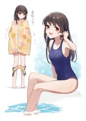 Rule 34 | 1girl, adjusting hair, black hair, blue one-piece swimsuit, dressing, feet out of frame, hayashio (kancolle), kantai collection, long hair, looking at viewer, mole, mole under eye, multiple views, one-piece swimsuit, red eyes, school swimsuit, simple background, smile, smock, soaking feet, standing, swimsuit, white background, yamashichi (mtseven)