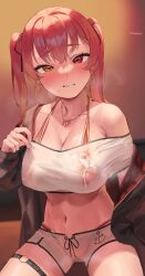 Rule 34 | 1girl, bare shoulders, bikini, bikini under clothes, blush, breasts, cleavage, covered erect nipples, cum, cum on body, cum on breasts, cum on upper body, earrings, frikulu, grin, heterochromia, highres, hololive, houshou marine, houshou marine (summer), jacket, jewelry, large breasts, looking at viewer, midriff, navel, necklace, nipples, off-shoulder shirt, off shoulder, red bikini, red eyes, red hair, see-through, shirt, shorts, sitting, smile, solo, sweat, swimsuit, thigh strap, twintails, virtual youtuber, yellow eyes