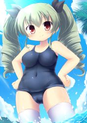 Rule 34 | 10s, 1girl, anchovy (girls und panzer), beach, breasts, brown eyes, coconut tree, drill hair, girls und panzer, hair ribbon, long hair, medium breasts, one-piece swimsuit, outdoors, palm tree, ribbon, school swimsuit, smile, solo, swimsuit, tareme, tatuyayosi, thighhighs, tree, twin drills, twintails, water, white thighhighs
