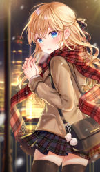 Rule 34 | 1girl, absurdres, bad id, bad pixiv id, bag, black skirt, black thighhighs, blonde hair, blue eyes, blurry, blush, breath, brown coat, coat, cowboy shot, depth of field, fringe trim, from behind, half updo, highres, long hair, long sleeves, looking at viewer, looking back, miniskirt, night, original, outdoors, own hands together, parted lips, plaid, plaid scarf, plaid skirt, pleated skirt, red scarf, scarf, shoulder bag, sidelocks, skirt, solo, standing, thighhighs, tokkyu, winter clothes, zettai ryouiki