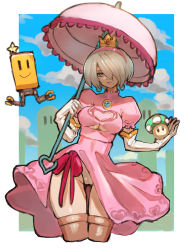 Rule 34 | 1-up mushroom, 1girl, black hairband, black thighhighs, blue earrings, blue eyes, blue sky, blush, boots, border, breasts, brooch, cameltoe, cleavage, cleavage cutout, clothing cutout, cloud, contrapposto, cosplay, cropped legs, crossover, crown, dakusuta, dress, earrings, elbow gloves, expressionless, facing viewer, floating, gloves, hair over one eye, hairband, highres, jewelry, legs together, leotard, leotard under clothes, looking at viewer, mario (series), mini crown, mole, mole under mouth, mushroom, nier:automata, nier (series), nintendo, no bra, outdoors, outside border, parasol, pink dress, pink hairband, pod (nier:automata), princess peach, princess peach (cosplay), puffy short sleeves, puffy sleeves, robot, short hair, short sleeves, sky, smile, solid oval eyes, solo, sphere earrings, thigh boots, thigh gap, thighhighs, umbrella, underboob, underboob cutout, white border, white gloves, white hair, white leotard, 2b (nier:automata)