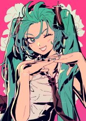 Rule 34 | 1girl, aqua hair, aqua nails, bare arms, bare shoulders, black necktie, blue eyes, collared shirt, datcravat, floral background, hair ornament, hatsune miku, highres, interlocked fingers, light blush, long hair, looking at viewer, loose necktie, necktie, one eye closed, own hands together, parted lips, pink background, shirt, sleeveless, sleeveless shirt, smile, solo, sparkle, teeth, twintails, upper body, very long hair, vocaloid, white shirt