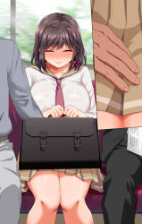 Rule 34 | 1girl, 2boys, ^ ^, aneshiko, bag, blush, braid, breasts, briefcase, brown hair, brown sailor collar, brown skirt, chikan, clenched hands, close-up, closed eyes, closed mouth, collarbone, hair ribbon, hetero, highres, holding, holding bag, indoors, knees together feet apart, large breasts, long sleeves, miniskirt, multiple boys, multiple views, necktie, nose blush, original, own hands together, pink ribbon, pleated skirt, red necktie, ribbon, sailor collar, school bag, school briefcase, school uniform, seat, serafuku, shiny clothes, shirt, short hair, sidelocks, single braid, sitting, skirt, solo focus, straight-on, sweat, train interior, white shirt, window