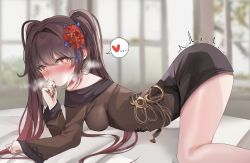 Rule 34 | 1girl, absurdres, all fours, ass, bed, black shorts, blush, breasts, brown hair, chinese clothes, dolechan, flower, genshin impact, hair between eyes, hair flower, hair ornament, high-waist shorts, highres, hu tao (genshin impact), in heat, long hair, looking at viewer, medium breasts, red eyes, shiny clothes, shiny skin, short shorts, shorts, sideboob, solo, symbol-shaped pupils, top-down bottom-up, twintails, very long hair