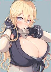 Rule 34 | 1girl, adjusting hair, black gloves, blonde hair, blue eyes, blush, breasts, commentary request, elbow gloves, fingerless gloves, front-tie top, gloves, grey background, headgear, highres, huge breasts, iowa (kancolle), kantai collection, looking at viewer, miyako (rgrayt), simple background, solo, star-shaped pupils, star (symbol), sweatdrop, symbol-shaped pupils, upper body