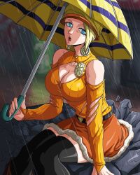 Rule 34 | 1girl, :o, alternate costume, bare shoulders, blonde hair, blue eyes, breasts, cleavage cutout, clothing cutout, dress, female focus, highres, large breasts, looking at viewer, miss valentine, one piece, short hair, solo, thick thighs, thighhighs, thighs, umbrella