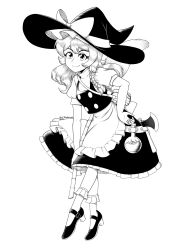 Rule 34 | 1girl, absurdres, apron, artist name, axe, back bow, bamboo broom, bobby socks, bow, braid, breasts, broom, closed mouth, frilled apron, frilled skirt, frills, full body, giantcavemushroom, greyscale, hand on own hip, hat, hat bow, hat ribbon, high heels, highres, holding, holding broom, kirisame marisa, large hat, leaning forward, light smile, mary janes, medium hair, monochrome, potion, puffy short sleeves, puffy sleeves, ribbon, shirt, shoes, short sleeves, simple background, single braid, skirt, small breasts, socks, solo, touhou, twitter username, vest, waist apron, witch hat