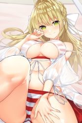 Rule 34 | 10s, 1girl, ahoge, anza tomo, bare shoulders, bikini, bikini under clothes, blonde hair, bow, breasts, breasts apart, fate/extra, fate/grand order, fate (series), green eyes, hair bow, hair intakes, hand on own cheek, hand on own face, hand on own thigh, knee up, long hair, looking at viewer, lying, medium breasts, nero claudius (fate), nero claudius (fate) (all), nero claudius (swimsuit caster) (fate), nero claudius (swimsuit caster) (third ascension) (fate), on back, puffy sleeves, red bikini, see-through, shirt, smile, solo, striped bikini, striped clothes, swimsuit, underboob, white bow, white shirt