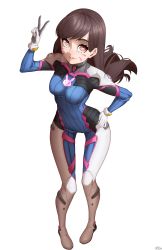 Rule 34 | 1girl, absurdres, animal print, artist name, bodysuit, breasts, brown eyes, brown hair, d.va (overwatch), facial mark, full body, gloves, hand on own hip, highres, long hair, looking at viewer, medium breasts, multicolored bodysuit, multicolored clothes, overwatch, parted lips, rabbit print, smile, solo, standing, v, whisker markings, white background, white gloves, x xith x