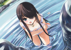 Rule 34 | 1girl, bell, black hair, blue eyes, blush, breasts, choker, cleavage, downblouse, dutch angle, embarrassed, eyepatch, flower, frown, highres, long hair, looking at viewer, open mouth, original, por (downletgo), solo, wading, water, wet, wet clothes