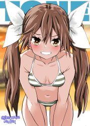 Rule 34 | 1girl, absurdres, bikini, breasts, brown eyes, brown hair, character name, cloud, cowboy shot, gluteal fold, green bikini, grin, highres, kantai collection, kitahama (siroimakeinu831), leaning forward, long hair, looking at viewer, navel, one-hour drawing challenge, orange sky, sky, small breasts, smile, solo, striped bikini, striped clothes, swimsuit, tone (kancolle), twitter username