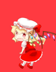 Rule 34 | + +, 1girl, blonde hair, fang, flandre scarlet, full body, hat, hinata yuu, mob cap, red background, red eyes, shoes, side ponytail, simple background, solo, touhou, wings