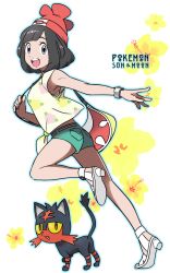 Rule 34 | 1girl, aqua shorts, armpit peek, armpits, bag, black hair, blue eyes, blunt bangs, churumi (grie), colored sclera, commentary request, copyright name, creatures (company), floral background, floral print, full body, game freak, gen 7 pokemon, hat, high heels, litten, looking at viewer, nintendo, open mouth, outline, outstretched arm, pokemon, pokemon (creature), pokemon sm, red eyes, red hat, running, sandals, selene (pokemon), shirt, short hair, short shorts, shorts, sleeveless, smile, watch, white background, yellow sclera, yellow shirt