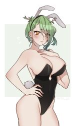 Rule 34 | 1girl, absurdres, animal ears, antlers, bare shoulders, black leotard, blush, braid, braided bangs, branch, breasts, ceres fauna, cleavage, covered navel, earrings, fake animal ears, fake tail, green hair, highleg, highleg leotard, highres, hololive, hololive english, horns, jewelry, large breasts, leotard, looking at viewer, medium hair, mole, mole under eye, noto hams, playboy bunny, qilin (mythology), rabbit ears, rabbit tail, solo, standing, strapless, strapless leotard, tail, virtual youtuber, worried, yellow eyes