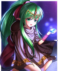 Rule 34 | 1girl, absurdres, back bow, bandaged arm, bandages, blue gemstone, border, bow, child, cloak, crystal, dragonstone, dress, female focus, fire emblem, fire emblem: mystery of the emblem, flat chest, gem, glowing, green eyes, green hair, hair ribbon, hand up, happy, highres, holding, hondaranya, hood, hood down, hooded cloak, jewelry, light particles, long hair, looking at viewer, matching hair/eyes, necklace, nintendo, open mouth, outside border, pointy ears, ponytail, purple cloak, purple dress, purple ribbon, ribbon, short dress, sidelocks, sitting, smile, solo, teeth, tiki (fire emblem), tiki (young) (fire emblem), white border